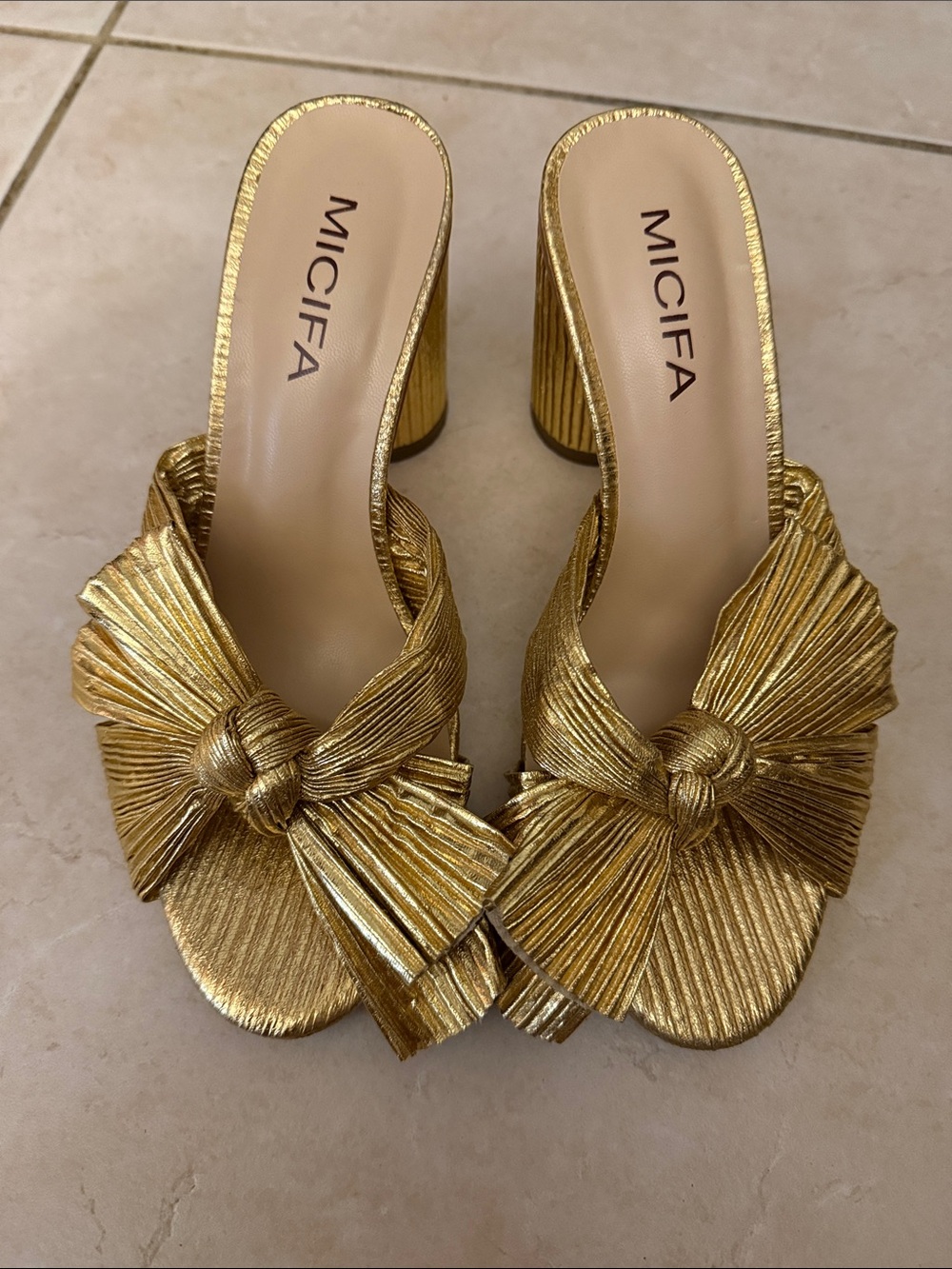 Metallic Gold Knotted Mule Heels